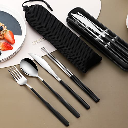 VANRA 4-Piece Portable Travel Utensils Set with Case 18/8 Stainless Steel Flatware Set Reusable Cutlery Set with Fork Spoon Knife Chopstick for Lunch Travel Camping School Work Picnic (Black) - color: Black, size: Fork Spoon Knife Chopstick