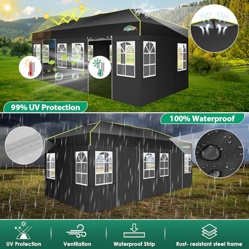 COBIZI 10x20 Pop Up Canopy Tent with 6 Removable Sidewalls, One Push Party Tent Outdoor Waterproof Event Canopy with Air Vent for Parties Commercial Wedding, 3 Height, Carry Bag, Sandbag, Black - color: Black, size: 10x20【with 6 sidewalls】