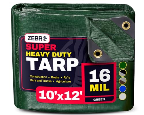 10' x 12' Green Heavy Duty Tarp with Grommets Reinforced - 16 Mil Thick - Double Sided Plastic Tarps Waterproof - Large Tarpaulin Cover for Outdoor Camping Over/Under Tent Tarp RV Roof Rain - Zebro - color: Green, size: 10' x 12'