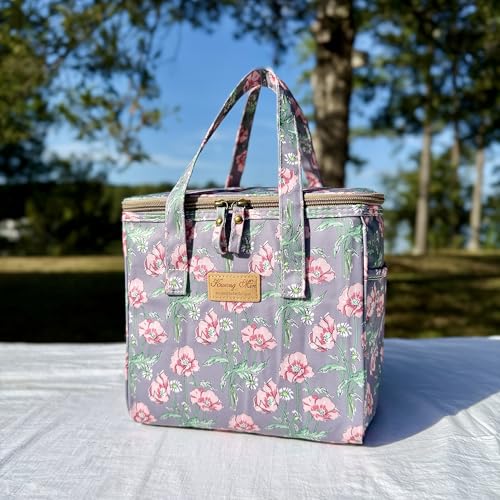 Kwang Min Floral Insulated Lunch Bag for Women,Reusable Lunch Box,Large Cooler for Office,Picnic Outdoors,Premium Quality Waterproof Fabric,Ideal Gift for Outdoors and work (Gray Poppy) - color: Gray Poppy