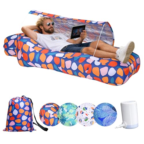 Inflatable Couch,Air Sofa with Sun-Shade Design,Built-in Storage,Ripstop Polyester&Stability Pegs,Portable Air Lounger for Beach,Easy to Carry,2 Inflation Ways(Included Pump) Colorful White - color: Colorful White