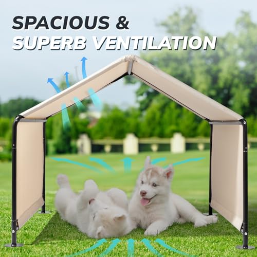 Dog Tent, 4'x4'x3' Dog Shade Shelter Outdoor Deep Grey Tent for Large Medium Dogs, Outside Sun Rain Canopy Pet House for Cats Pigs Livestock with Waterproof Roof Ground Nails,Creamy White