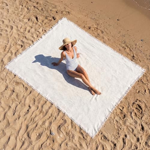 Giant Beach Blanket with Fringe 91 x 71 Inch Waffle Woven Cotton Oversize Yarn Outdoor Picnic Blanket Bohemia Sandproof Beach Towel for Spring Summer Camping Accessories(Milky White)