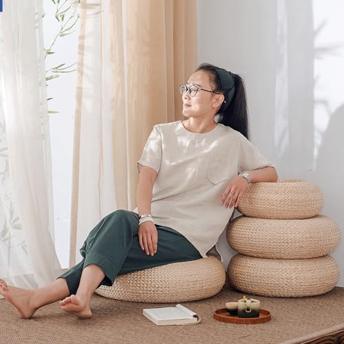 Round Woven Floor Pillow,Straw Flat Seat Cushion,Handmade Floor Pouf Mat,Natural Seat Cushion Boho Living Room Decor(Size:Large,Color:Style 2) - color: Style 2, size: Large