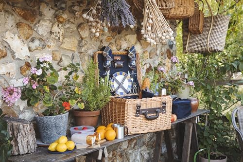 PICNIC TIME Romantic Canterbury Deluxe Wicker Picnic Basket Set for 2, with Blanket and Soft Cooler, One Size, Navy With Plaid