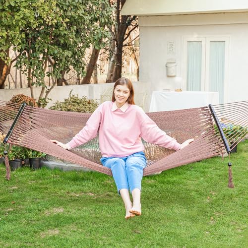 PNAEUT Double Rope Hammocks for Outside, Handwoven Double Caribbean Hammock with Spreader Bar for Outdoor Indoor, Max 600 lbs Capacity (Mocha) - color: Mocha