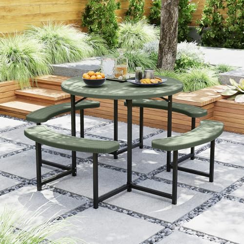 Byroce 8-Person Picnic Table for Outdoors, HDPE Picnic Table Set with 4 Benches, Umbrella Hole & Metal Frame, Heavy Duty Round Dining Table Chairs for BBQ Party in Patio, Yard & Poolside (Green) - color: Green