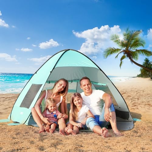 TOBTOS UPF 50+ Pop Up Beach Tent, Easy Set Up Beach Umbrella, Sun Shelter for 2-3 People UV Protection Portable Sunshade, Baby Canopy Cabana, Lightweight with Carry Bag - style: Mint Green for 3-4 Person