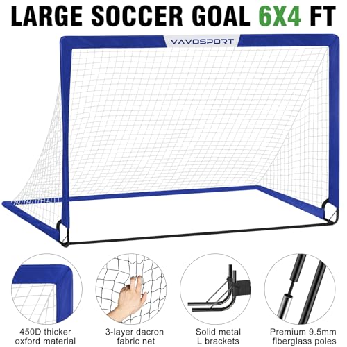 VAVOSPORT Soccer Goal, 2 of 6'x4' Kids Soccer Goals for Backyard Set, Portable Pop Up Soccer Net, Practice Soccer Training Equipment with Ball, Cones for Toddler,Youth Sports Outdoor Games Yard Play - color: Blue