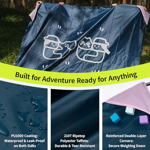 morning deer 65"x60" Lightweight Packable Picnic Mat & Canopy 2-in-1 Double-Sided Waterproof Groundsheet with 4 Tarp Stakes Camping Moisture-Proof Mat Lawn & Beach Mat for Backpacking, Beach, Park