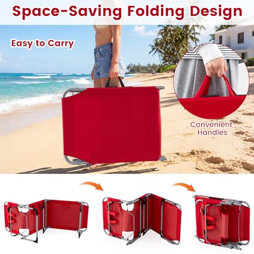 COSTWAY Tanning Chair with Face Hole, Folding Beach Lounge Chair with 4-Position Adjustable Backrest, Pillow & Side Pocket, Foldable Chaise Lounge Chair Outdoor for Sunbathing, Camping (1, Red) - color: Red