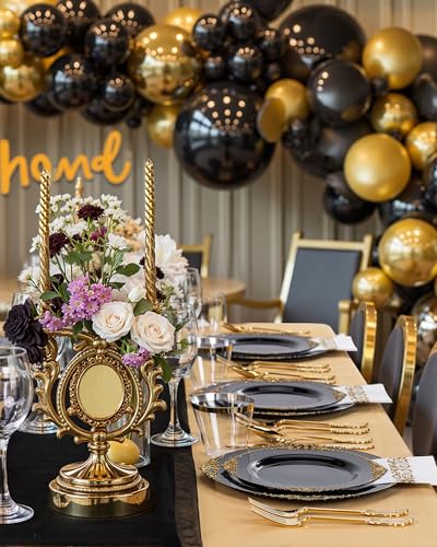 Nervure 350PCS Black Plastic Plates - Black Plastic Dinnerware Sets for 50 Guests - 100 Disposable Plates, 150 Gold Silverware, 50 Cups, 50 Napkins for Wedding & Party & Graduation & Retirement - color: Black