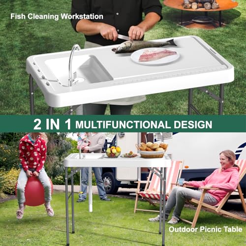 Fish Cleaning Table with Sink, 42.5" Folding Camping Table & Fish Cleaning Station with Measure Mark, Camping Sink with Hose Hookup for Outdoor Picnic, Beach, Dock & Patio Use - style: Fish cleaning table new