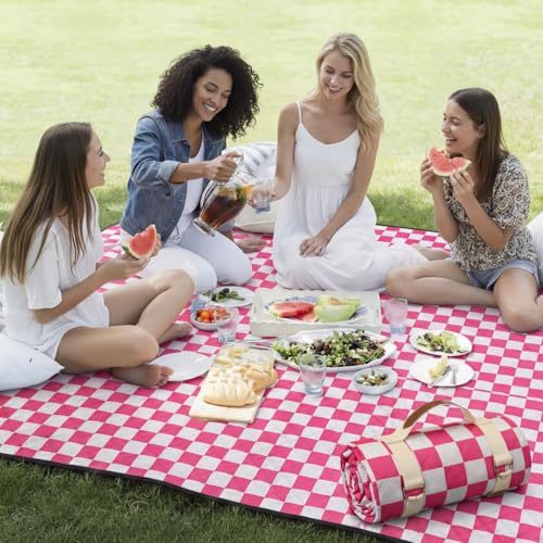 Nuanchu Checkered Picnic Blanket Extra Large Outdoor Blanket Sandproof 80"x80" Waterproof Portable Machine Washable 3 Layer Thick Gingham Picnic Mat for Beach Camping Park Grass Travel(Bright Pink) - color: Bright Pink