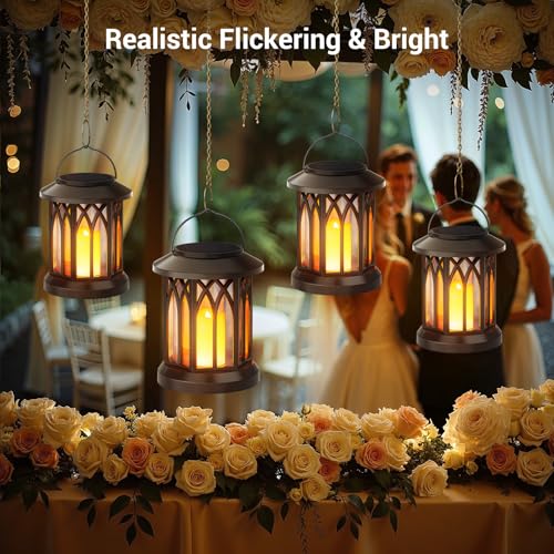 KOOPER 4 Pack Solar Lantern Outdoor Lights, Hanging Solar Lanterns Outdoor Waterproof, Christmas Gifts LED Flickering Flameless Candle Mission Lights for Yard Table Garden (Black) - size: 4 Pack, style: Candle