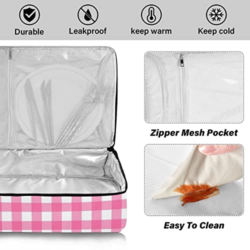 Casserole Carriers for Hot or Cold Food Reusable Casserole Dish Carrier Insulated Thermal Large Capacity Durable Perfect for Party Camping Family Gatherings Yellow Fish - color: Pink Plaid
