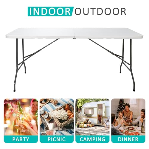SUPER DEAL 6FT Folding Table for Indoor Outdoor, Portable Heavy Duty Fold-in-Half Plastic Dining Picnic Party Camping Table with Carrying Handle - color: White, size: 71"x27", style: Rectangular