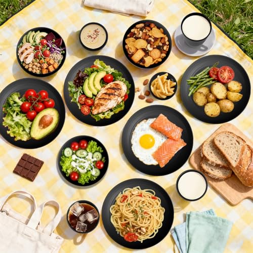 Wheat Straw Dinnerware Sets 16 PCS, Unbreakable Kids Plates and Bowls for 4-9 IN Plates, 26 OZ Cereal Bowls, 2 OZ Dipping Bowl, 12 OZ Cups, Dishwasher & Microwave Safe Plate Set - Black - color: Black, size: 16 PCS