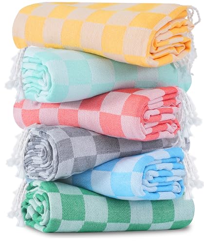 6 Packs Turkish Beach Towel Blanket Set Pool Bath Towels Bulk Multipack Travel Sand Free Quick Dry Extra Large Oversized Cute Big Cotton Soft Lightweight Compact Checkered Proof Cloud Men Women Adult - color: Gz Multicolors Green, size: 72 X 36 Inch