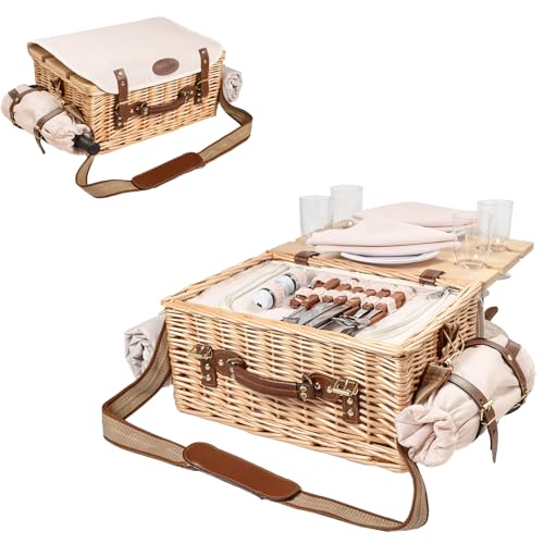 Multifunctional Wicker Picnic Basket Set for 4 Blanket Family Folding Wine Table,Insulated Portable Extra Big Storage Capacity Natural Woven Rattan Canasta De Full Tablewares Camping Outdoor Flowers - color: Nature