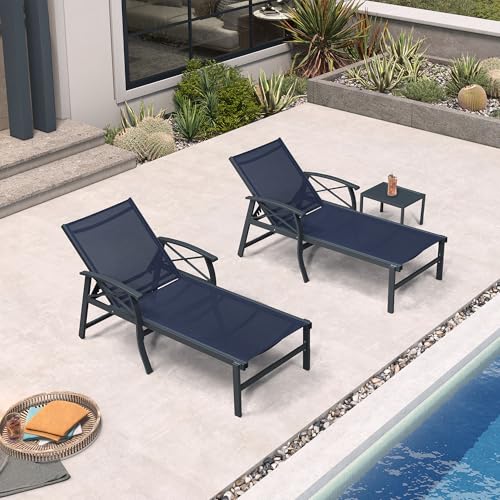 PURPLE LEAF Oversized Chaise Lounge Chair Outdoor Set of 2 Extra Wide Pool Lounge Chairs 5 Adjustable Position with Armrests and Side Table Aluminum Patio Lounge Chair for Outside Beach, Deep Blue - color: Deep Blue, size: Oversized