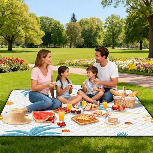 Extra Large Picnic Blanket Waterproof,80"x 80"Foldable Machine Washable Beach Blanket,Outdoor Blanket for 6-8 Adults,Suitable for Indoor Crawling,Park Beach,Camping,Hiking,Family Travel(Island) - color: White Cocoanut, size: 6'8" x 6'8" (Square)