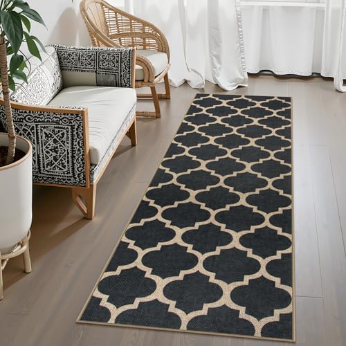 Lahome Moroccan Easy Jute Runner Rug, Black Outdoor Washable Runner Rugs for Outdoor Porch Hallway, Geometric Trellis Woven Long Carpet for Doorway, Thin Non Slip Outdoor Decor, 2'6'' x 8' - color: Black, size: 2.6x8