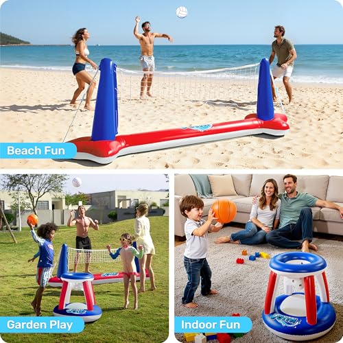 JOYIN Inflatable Pool Float Set Volleyball Net & Basketball Hoops, Balls Included for Kids and Adults Swimming Game Toy, Summer Floaties, Volleyball Court |Basketball,L-Red - color: Red, size: Large