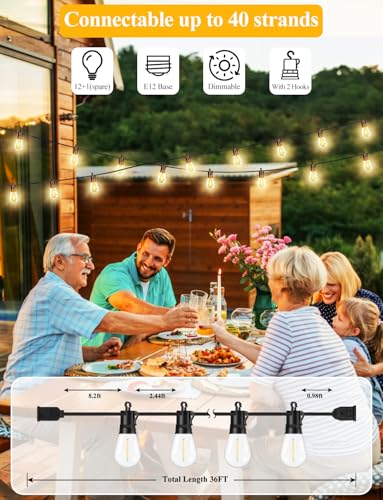Brightever LED Outdoor String Lights 36FT, Patio Lights Outdoor Waterproof with 13 Shatterproof S14 Vintage Edison Bulbs(1 Spare), Dimmable Outside Lights for House, Garden, Deck, Balcony, Camping - size: 36FT