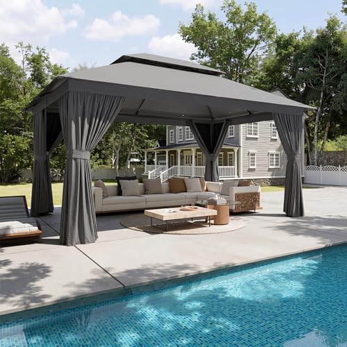 Aoxun Outdoor Gazebo for Patio 10x12, Metal Frame Canopy with Double Roofs, Heavy Duty Party Tent and Shelter with Mosquito Netting and Privacy Screen for Backyard, Lawn, Garden, Deck - color: Gray, size: 10 X 12