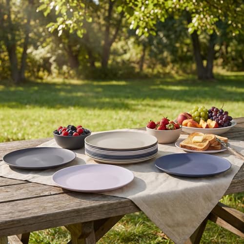 AOYITE Plastic Dinner Plates Reusable, Unbreakable Salad Plates set of 12, BPA Free Microwave & Dishwasher Safe Party Plate for Any Occasion, BBQ, Travel, Events - color: Neutral Tones