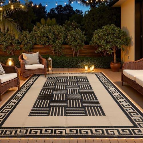 YONILE LED Outdoor Rug 8x10 ft Waterproof for Patios Clearance,Reversible Outdoor Plastic Straw Rug, RV Mat Outside, Indoor Outdoor Carpet for Porch, Deck, Backyard, Balcony, Picnic - color: Black&coffee-striped With Light, size: 8x10ft