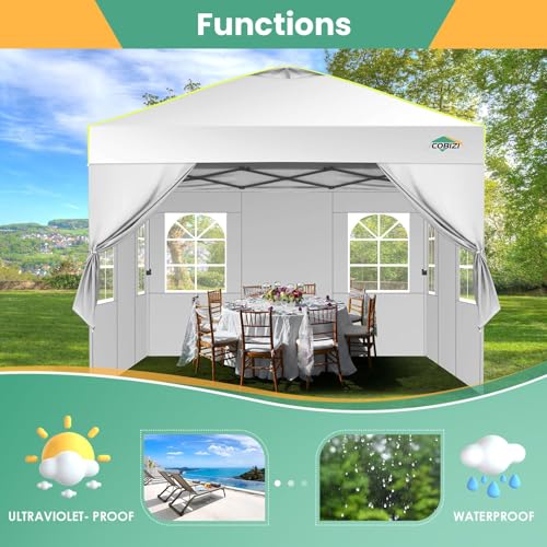 COBIZI 10x10 Pop Up Canopy Tent, Outdoor Party Tent with 4 Sidewall One Push Setup Glow, 3 Adjustable Height Air Vent Waterproof UPF50+, Bag, 4 Sandbag, 8 Stake, 4 Rope for Beach, Commercial - color: White, size: 10x10 With 4 Sidewalls