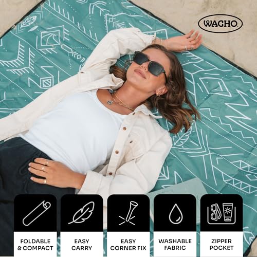 Wacho Beach Blanket Waterproof Sandproof and Picnic Blanket - Large Outdoor Blanket for Camping, Beach & Travel - Foldable Picnic Mat with Carry Bag, Lightweight Gingham Outdoor Rug - Beach Essentials - color: Green