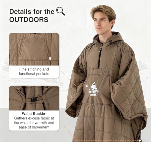 ONETIGRIS Camping Blanket Poncho with with Recycled Synthetic Insulation,Wearable Hoodie Blanket | Ultralight Water-Resistant Warm Camping Blanket for Outdoor, Hiking, Stadium - color: 2pcs-brown
