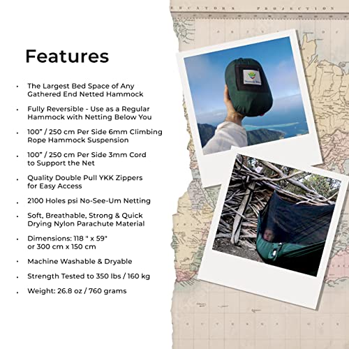 Hammock with Mosquito Net - Fully Reversible Bug Free Hammock Tent, Extra Large Sleeping Space, Bug Proof Netting & Suspension - Change The Way You Camp with Hammock Bliss Quality - No-See-Um No More