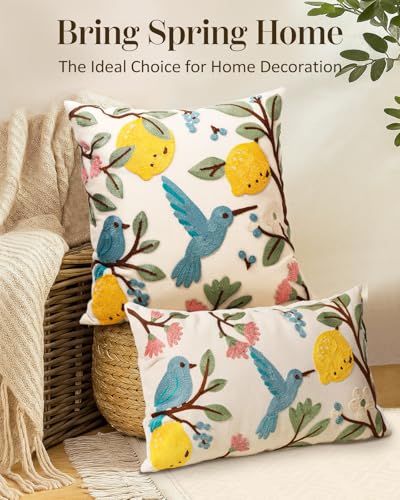 Embroidered Lumbar Pillow Cover 20x12 Inch - Spring Summer Boho Decorative Pillow Cover with Zipper for Living Room Couch Sofa Bed Aesthetic Design Bird Lemon Cushion Pillowcase - color: Bird Lemon, size: 20" x 12" (Pack of 1)