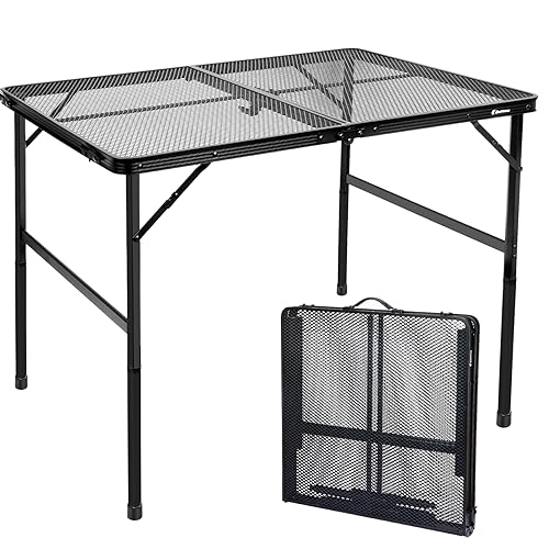 4 ft Folding Table with Metal Mesh Desktop, Grill Table Camping Table with Carry Handle,Adjustable Height (16.5" & 26"), Outdoor Table for Camp, Cooking, BBQ, RV, Picnic,Fits 4–8 People,Black - color: Black, size: Large 4Ft - 47.2"L x 23.6"W x 16.5"/26"H