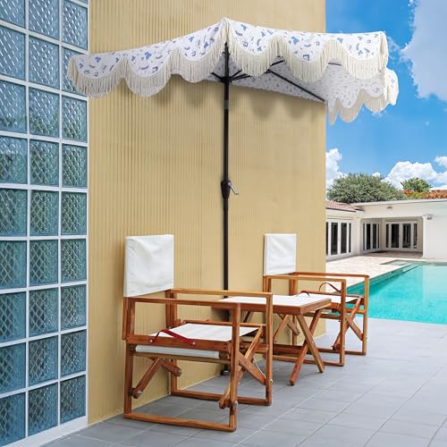 JONATHAN Y Half Umbrella UMB1201G Beverly 9 ft. Designer Classic Scalloped Fringe Market Patio with Crank, Push Button Tilt and UV Protection in Blue/White/Cream - color: Blue/White