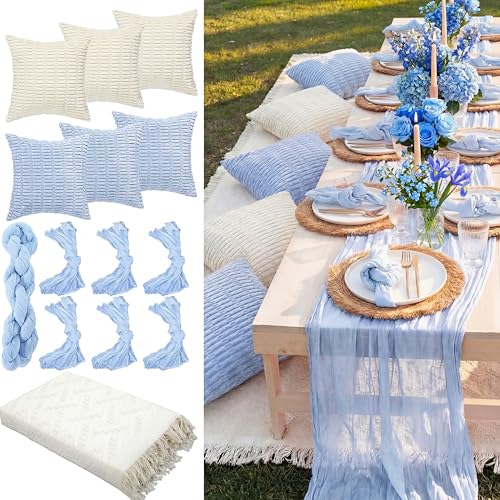 Beeveer 91 x 71 Extra Large Outdoor Boho Picnic Blanket with Table Runner Light Blue, 6 Throw Pillow Covers 6 Napkins Woven Cotton Yarn Oversize Beach Blanket Washable Picnic Camp Wedding - color: Light Blue