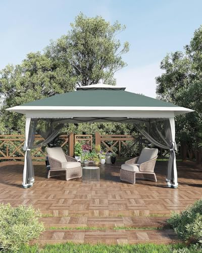 13X13 Pop Up Gazebo,Outdoor Canopy Tent with Mosquito Netting, Double Vented Roof Sun Shelter with Adjustable Heights,Outdoor Gazebo for Backyard & Patio Furniture.(Dark Army Green + Heather Gray). - color: Dark Army Green + Heather Gray
