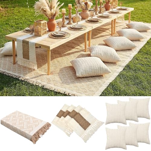 Beeveer Extra Large Outdoor Boho Picnic Blanket 150'' X 71'' Beige White Table Runner 6 Throw Pillow Cover Woven Cotton Yarn Oversize Beach Blanket Washable for Picnic Camp Wedding - color: Beige White, size: Fit 10-12 People 150'' X 71''