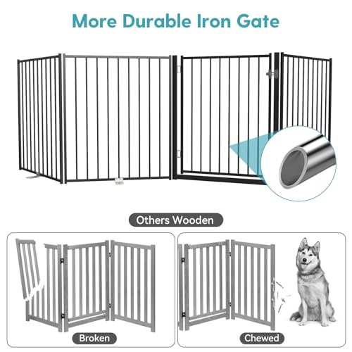 No Pawblems Free Standing Dog Gate with Door, 30'' Tall Foldable Dog Fence for Indoor & Outdoor, Up to 104 Inch Extra Wide Puppy Gate for Stairs, Hallways, Doorways, Deck, Yard (Black, 4 Panels) - color: Black, size: Up to 104" W, 4 Panels