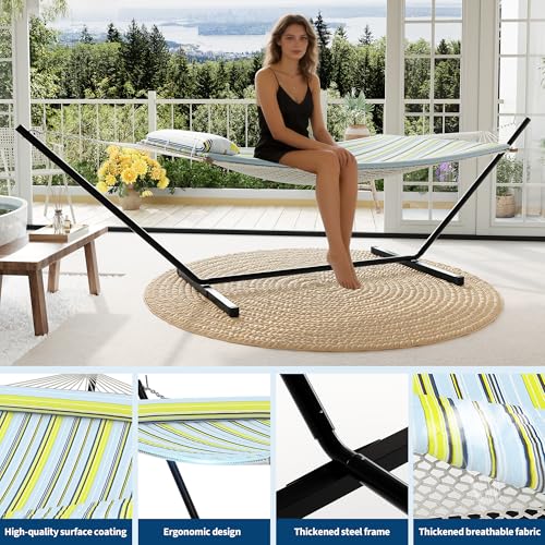 Garvee 2 Person Portable Double Hammock for Outdoor with Pillow, Heavy Duty Portable Hammock with Adjustable Steel Stand for Patio, Garden, Beach, Backyard - color: Light Blue and Green Stripes Design, size: T-shaped Bracket