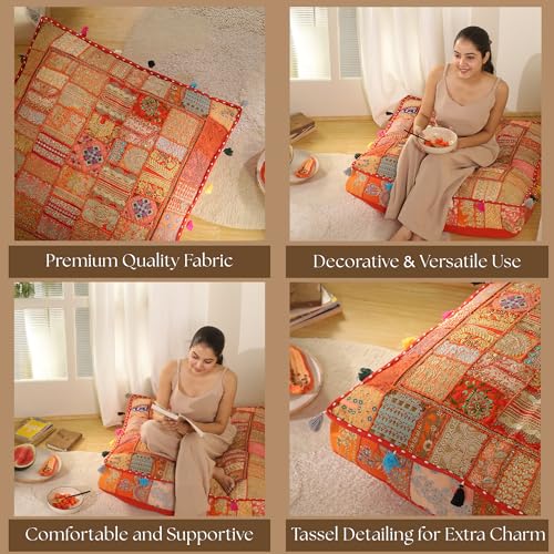 THE ART BOX 35" X 35" Large Boxed Shaped Premium Hypoallergenic Square Stuffer Best for Meditation Floor Pillow Cover, Mandala Ottoman Cushion Cover, Dog Beds, Lounger, Pet Beds - color: Orange