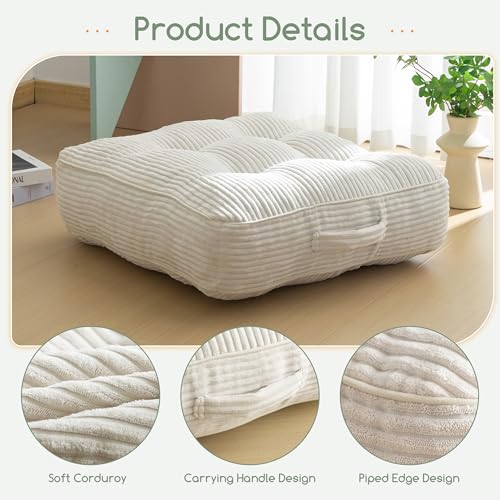 HIGOGOGO 6" Extra Thick Floor Pillow Cushion for Adults, Meditation Cushion Pillow, Large Square Floor Sitting, Tufted Corduroy Cover, for Tatami Living Room or Yoga, 22x22 Inch, Beige - color: Square Beige, size: 6" Thick(Pack of 1)