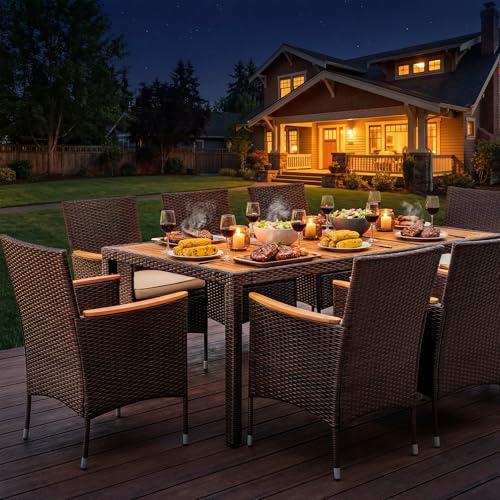 Devoko Outdoor Patio Dining Sets 9 Pieces Wicker Outdoor Dining Table and Chairs Set with Acacia Wood Table Top and Widened Armrests for Backyard, Garden, Deck (Brown) - color: Brown, style: 9 Piece Dining Set