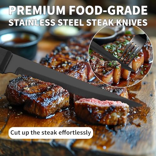 24-Piece Black Silverware Set with Steak Knives Black Stainless Steel Flatware Set for 4 Food Grade Tableware Cutlery Set Rust-proof, Mirror Polished, Dishwasher Safe