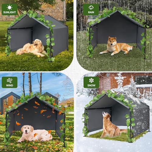 4'x 4'x 3.3' Large Dog Shade Shelter Outdoor Tent Dog House for Large Medium Dogs, Outside Sun Rain Canopy Pet House for Homeless Cats Livestock with Rainproof Cover with Artificial Grapevine Leaves