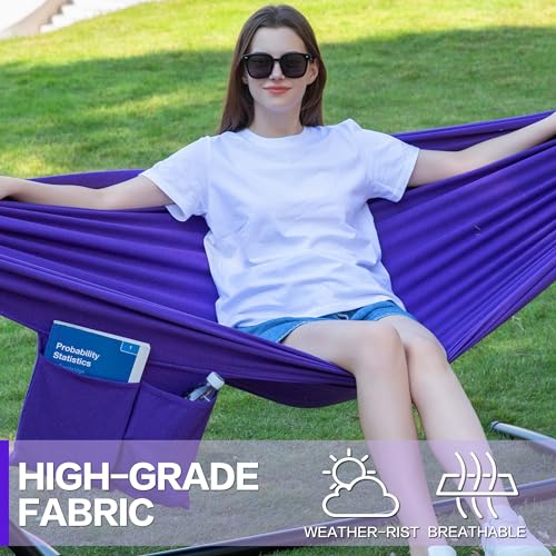 PNAEUT Double Hammocks with Stand for Outside, Portable Space Saving Heavy-Duty Steel Stand for Indoor Outdoor Patio with Carrying Bag, 450 lbs Capacity (Purple) - color: Purple